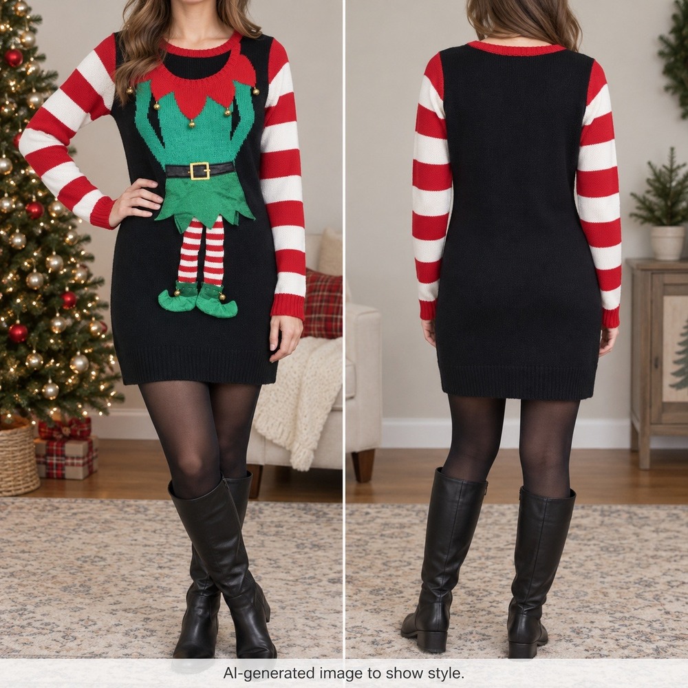 Ugly Christmas Sweater Dress Womens‎ S Elf Jingle Bells Striped